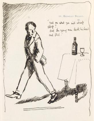 Illustrated letter from William Orpen to Mrs St George with a sketch of the artist walking past a bottle of wine on a table