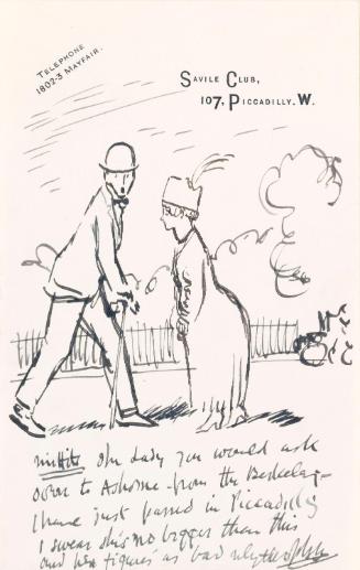 Illustrated letter from William Orpen to Mrs St George with a sketch of the artist staring at a woman on the street