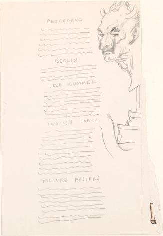 Cropped sketch of a bust of Satan's head on the back of a dinner menu