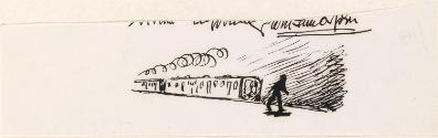 Cropped letter from William Orpen to Mrs St George with a sketch of the artist and a train