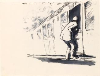 Cropped letter from William Orpen to Mrs St George with a sketch of the artist looking in the door of a train carriage