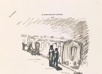 Cropped letter from William Orpen to Mrs St George with a sketch of the artist and Mrs St George standing on a train station platform