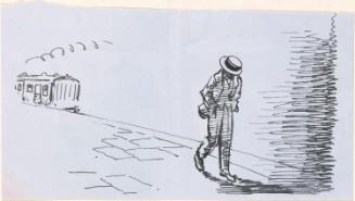 Cropped etter from William Orpen to Mrs St George with a sketch of the artist walking away as a train departs