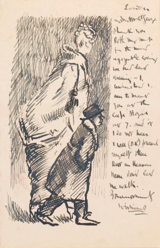 Illustrated letter from William Orpen to Mrs St George with a sketch of the artist walking with Mrs St George