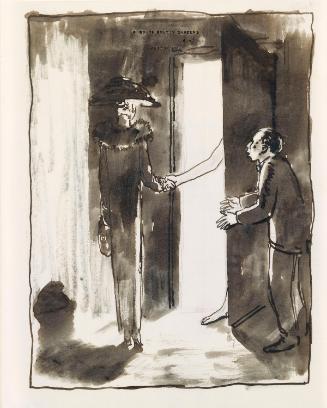 Illustrated letter from William Orpen to Mrs St George with a sketch of both at an open doorway