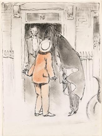 [Illustrated letter from William Orpen to Mrs St George with a sketch of the artist and Mrs St George kissing at a doorway