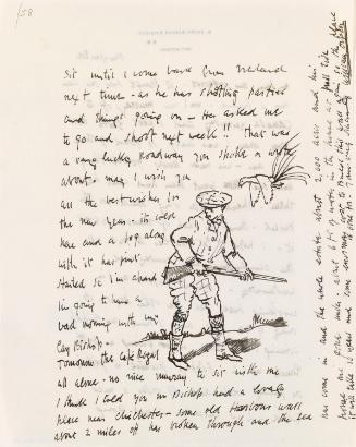 Illustrated letter from William Orpen to Mrs St George with a sketch of the artist hunting on the reverse