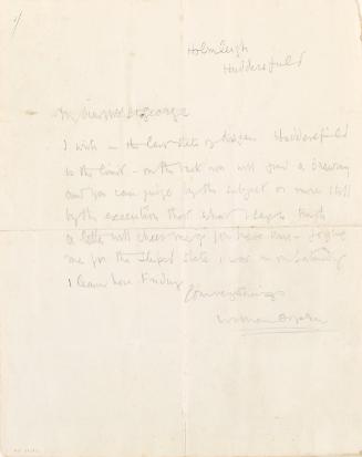 Illustrated letter from William Orpen to Mrs St George during a stay in Huddersfield with a sketch of the artist in Huddersfield on the reverse