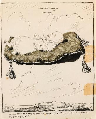Illustrated letter from William Orpen to Mrs St George with a drawing of Vivien St George floating on a pillow