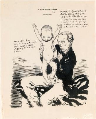 Illustrated letter from William Orpen to Mrs St George with a drawing of the artist holding a baby
