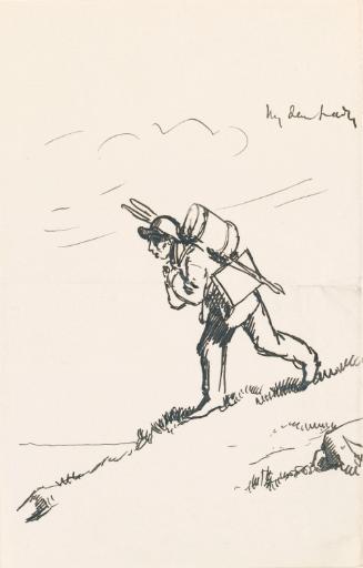 Illustrated letter from William Orpen to Mrs St George with a sketch of the artist carrying his easel down a hill