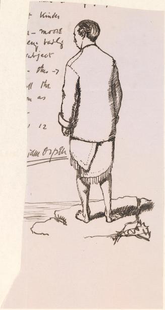 Cropped illustrated letter from William Orpen to Mrs St George with a sketch of the artist looking out to sea