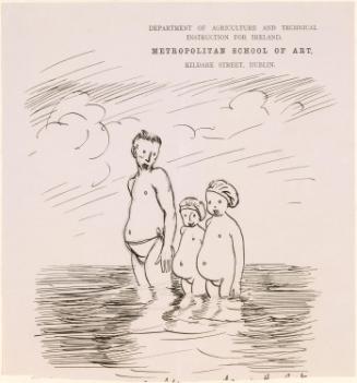 Cropped letter from William Orpen to Mrs St George with a sketch of the artist in the sea with two children
