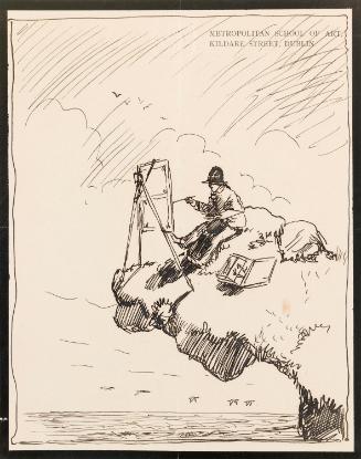 Illustrated letter from William Orpen to Mrs St George with a sketch of the artist painting on a cliff