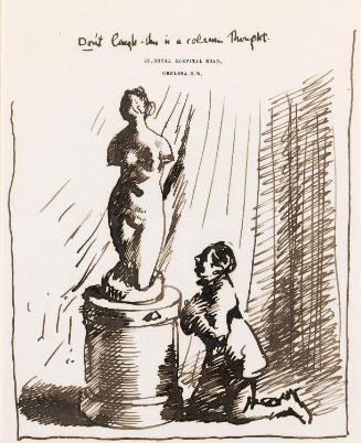Illustrated letter from William Orpen to Mrs St George with a sketch of the artist kneeling beside the Venus de Milo