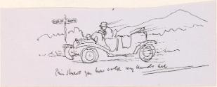 Cropped letter from William Orpen to Mrs St George with a sketch of the artist driving a car