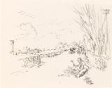 Cropped letter from William Orpen to Mrs St George with a sketch of the artist sitting on the road