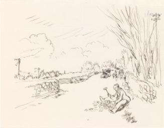 Cropped letter from William Orpen to Mrs St George with a sketch of the artist sitting on the road