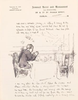 Illustrated letter from William Orpen to Mrs St George with a sketch of the artist alone at Jammets