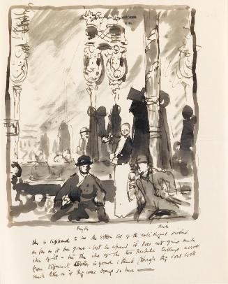 Illustrated letter from William Orpen to Mrs St George with a preliminary sketch for 'The Café Royal'
