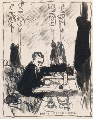 Illustrated letter from William Orpen to Mrs St George showing the artist at the Café Royal