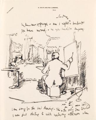 Illustrated letter from William Orpen to Mrs St George with a sketch of the artist painting Mrs St George in her bedroom