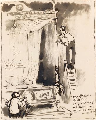 Illustrated letter from William Orpen to Mrs St George with a sketch of the artist decorating Mrs St George's bed