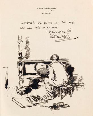 Illustrated letter from William Orpen to Mrs St George with a sketch of the artist painting Mrs St George's bed