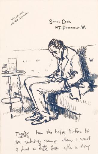 Illustrated letter from William Orpen to Mrs St George with a sketch of the artist at the Savile Club