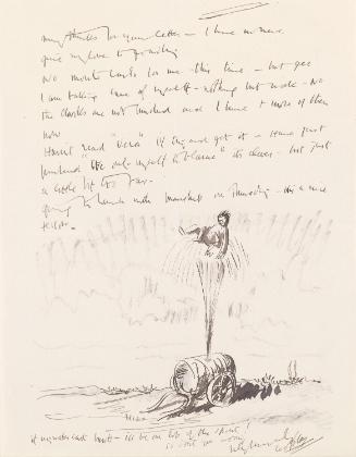 Illustrated letter from William Orpen to Mrs St George with a sketch of the artist and a 'water cart'