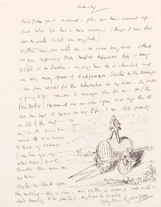 Illustrated letter from William Orpen to Mrs St George with a sketch of the artist standing on top of a water cart