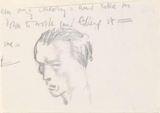 Cropped letter from William Orpen to Mrs St George with a sketch of the artist's head