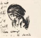 Cropped letter from William Orpen to Mrs St George with a sketch of the artist with long hair