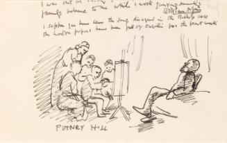Cropped letter from William Orpen to Mrs St George with a sketch of the artist painting a portrait