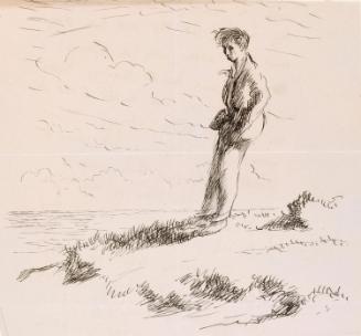 Cropped letter from William Orpen to Mrs St George with a sketch of the artist on the cliffs at Howth on the reverse