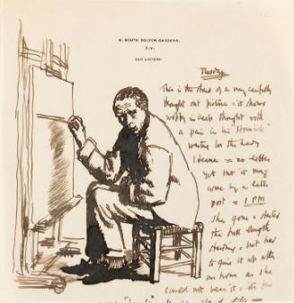 Illustrated letter from William Orpen to Mrs St George with a sketch of the artist painting