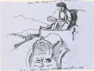 Cropped letter from William Orpen to Mrs St George with a sketch of the artist driving