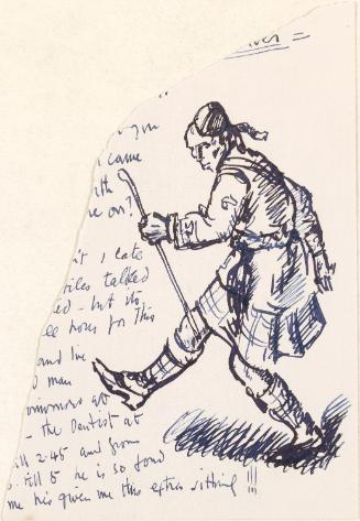 Cropped letter from William Orpen to Mrs St George with a sketch of the artist dressed as a Scotsman