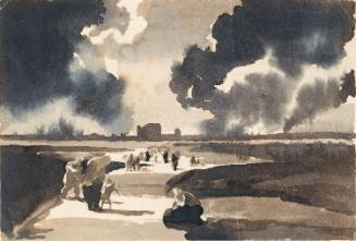 Figures in a war-torn landscape