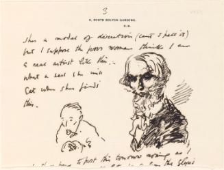 Cropped letter from William Orpen to Mrs St George with a sketch of the artist and a 'real artist'