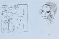 Portrait sketch of a woman and another of the artist painting in his studio