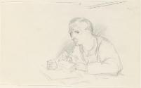 Cropped letter from William Orpen to Mrs St George with a sketch of the artist writing