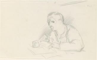 Cropped letter from William Orpen to Mrs St George with a sketch of the artist writing