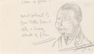 Cropped letter from William Orpen to Mrs St George with a sketch of the artist with insect bites