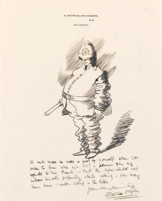 Illustrated letter from William Orpen to Mrs St George with a sketch of the artist dressed in police uniform