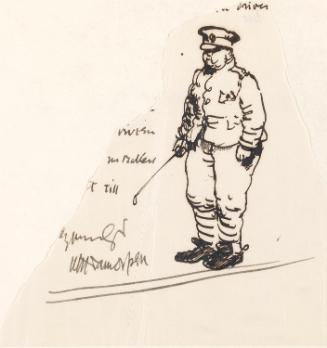 Cropped letter from William Orpen to Mrs St George with a sketch of a man in uniform
