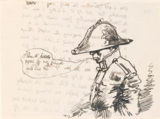 Cropped letter from William Orpen to Mrs St George with a sketch of the artist in military dress on the reverse