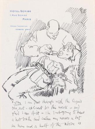 Illustrated letter from William Orpen to Mrs St George with a sketch of the artist at the dentist