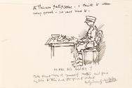 Cropped etter from William Orpen to Mrs St George with a sketch of the artist in uniform, sitting at a desk