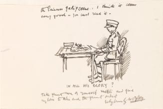 Cropped etter from William Orpen to Mrs St George with a sketch of the artist in uniform, sitting at a desk